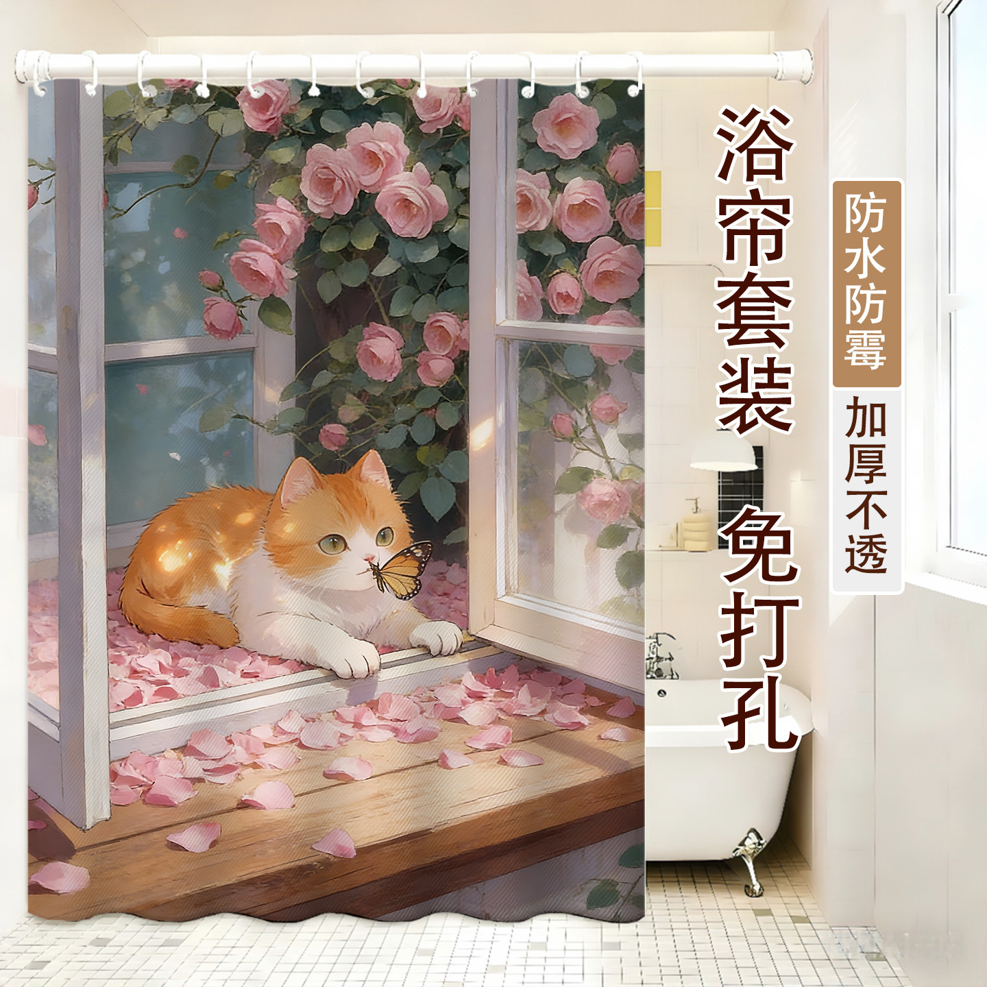 浴帘防水布可爱插画浴室卫生间定制免打孔挂帘厕所干湿分离隔断帘
