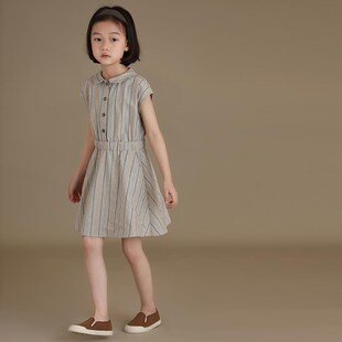 童装2024夏季新品女童儿童纯棉气质收腰无袖衬衫条纹连衣裙洋气