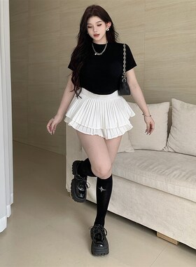 芯芯【仲夏之夜】微胖女孩大码黑色T恤上衣高腰显瘦蛋糕裙套装女