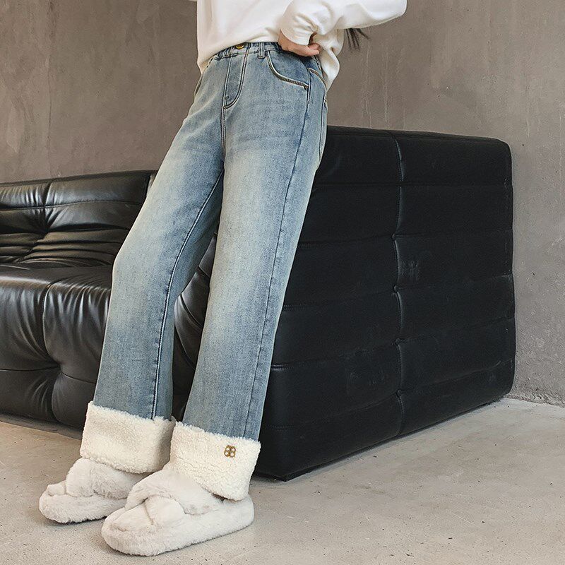 女童牛仔裤秋冬2023新款大童复古长裤冬季加绒直筒裤厚儿童阔腿裤