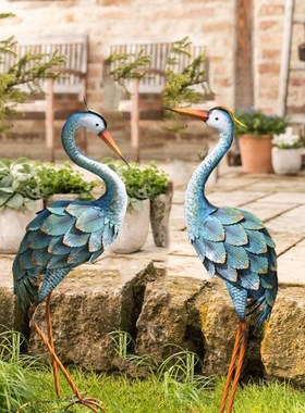 铁艺仙鹤鸟复古做旧蓝色落地橱窗摆件别墅庭院花园露台水池装饰