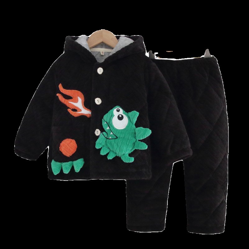 冬款加厚夹棉儿童法兰绒睡衣男女孩保暖珊瑚绒男女宝宝家居服套装