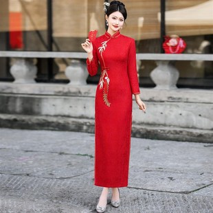 红色外嫁女回娘家回门装中长袖秋冬加绒中式礼仪迎宾新娘走秀旗袍
