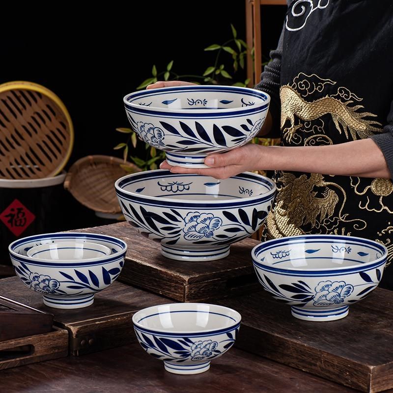 陶瓷复古手绘大碗12英寸10斗笠中式面碗5寸9商用6高脚大号关中碗7