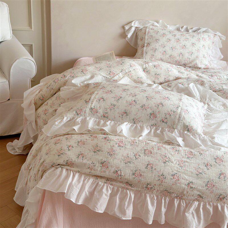 漫樱白桃法式少女全棉皱皱纱四件套纯棉双层纱荷叶花边被套床单