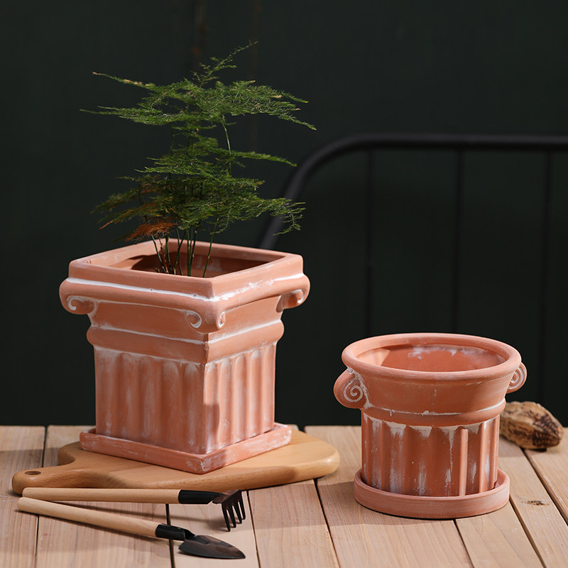 红陶花盆透气土陶泥瓦盆自吸水浮雕田园粗陶种绿植盆栽陶瓷带托盘