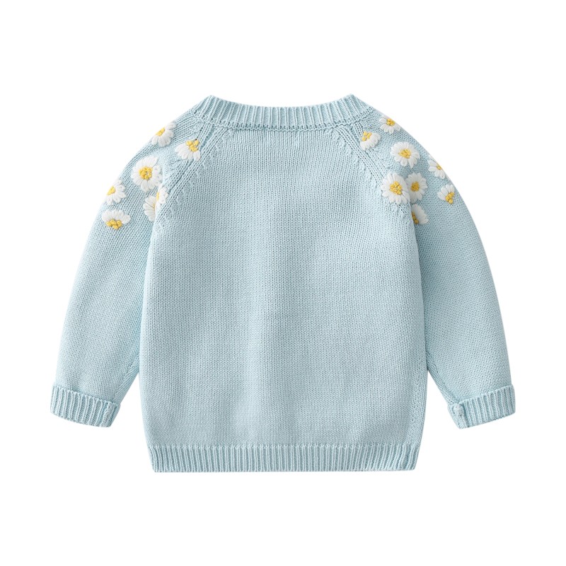100-140码 洋气蓝色立体花朵 女童纯棉线针织开衫儿童装毛衣外套
