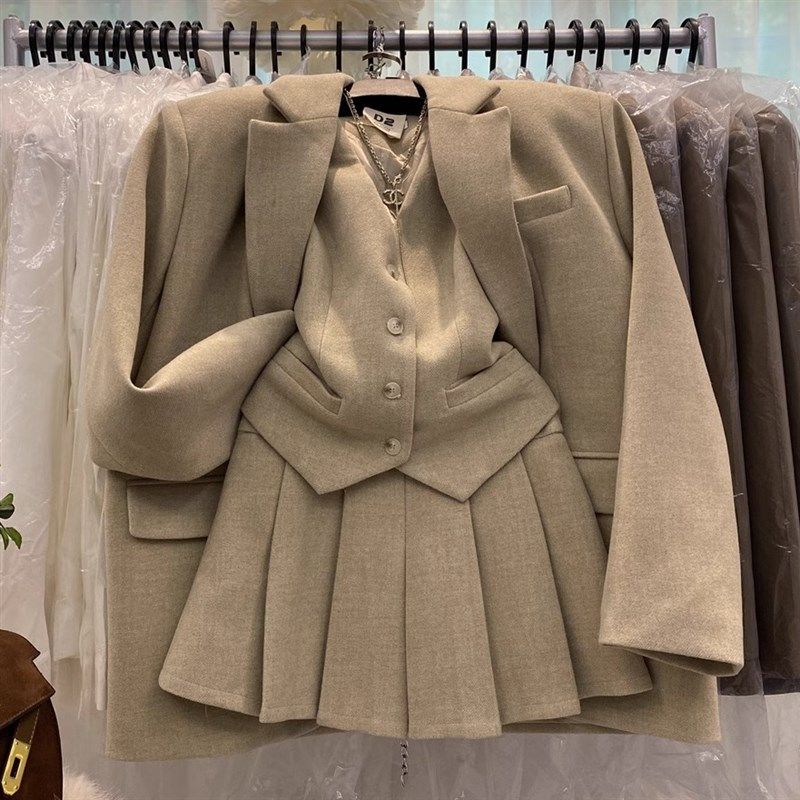 韩国东大门小个子马甲百褶短裙三件套毛呢西装外套A字套装裙子女