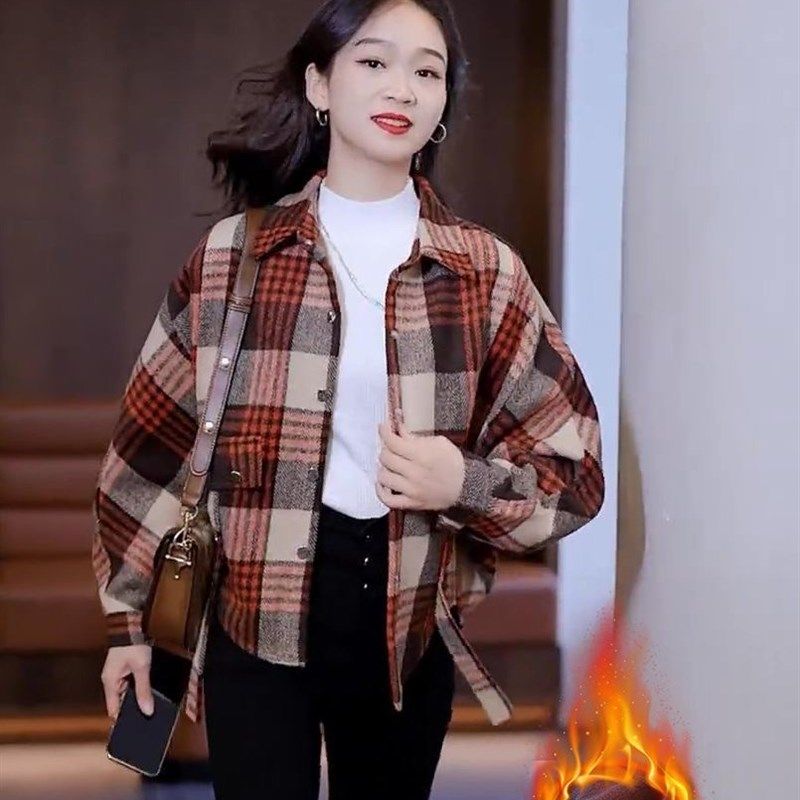 冬季加绒加厚格子外套女宽松显瘦上衣2022设计感蝙蝠袖保暖衬衫潮,女装/女士精品,短外套,淘宝优惠券,粉丝福利购,淘宝优惠卷