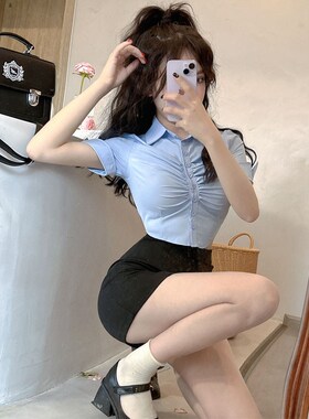 短款紧身蓝色衬衫搭配包臀短裙加上衣套装女ol制服秘书职业工作服