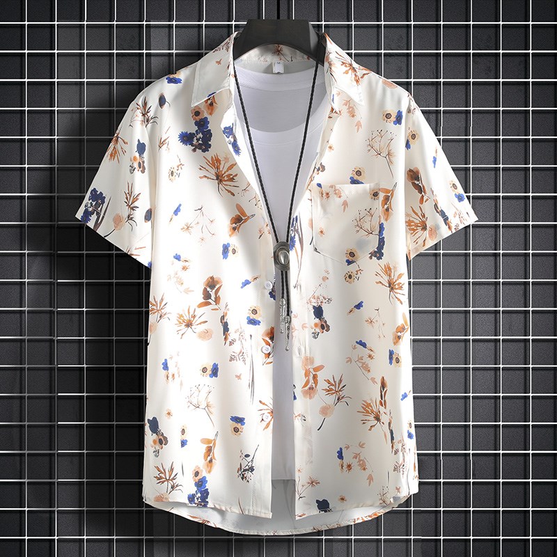 港风复古短袖花衬衫男夏季宽松夏威夷海边度假情侣沙滩衬衣一套装