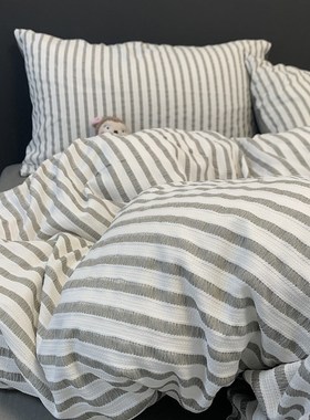 北欧色织水洗棉提花灰色条纹四件套1.8简约被套床单民宿1.5三件套