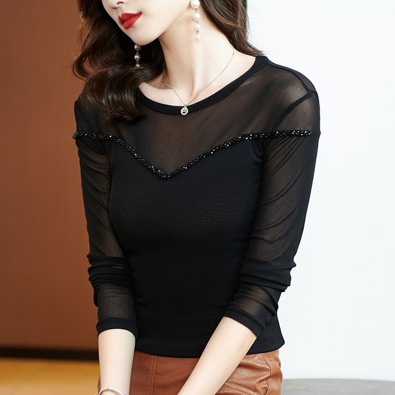 黑色网纱打底衫女春秋新款时尚内搭长袖t恤妈妈洋气广场舞上衣女,女装/女士精品,蕾丝衫/雪纺衫,淘宝优惠券,粉丝福利购,淘宝优惠卷