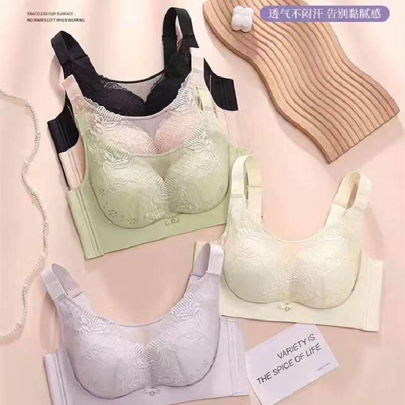 薄款女内衣防走光无钢圈大w码透气孔收副乳大胸显小四排扣抹胸文