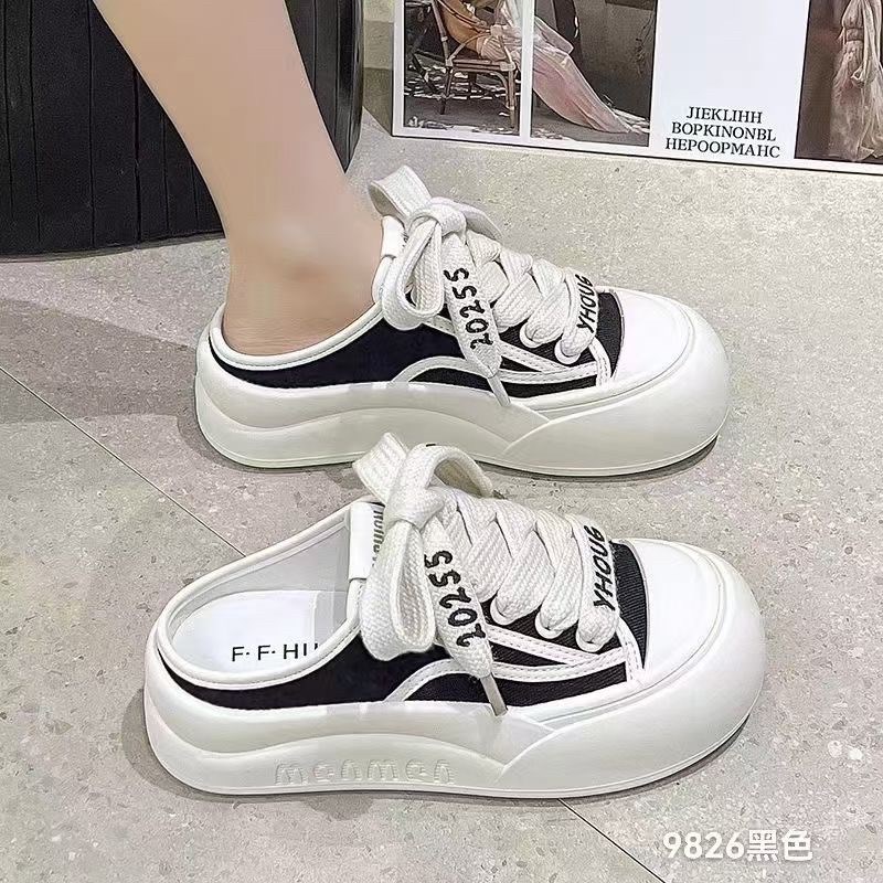 网红半拖b鞋女夏2025新款韩版学生平底包头凉拖时尚外穿厚底小白