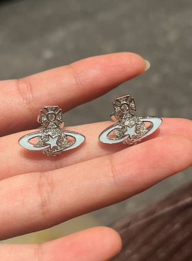 精工蓝色白色星星流星五角星耳钉满钻土星星球甜酷风耳