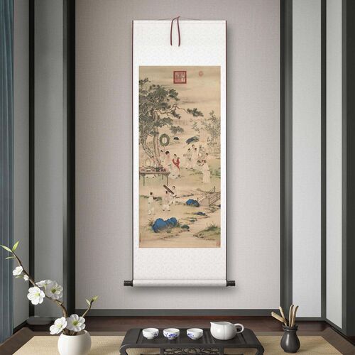 郎世宁《弘历观i画》客厅书房茶室装饰画挂画玄关水墨高清卷轴字