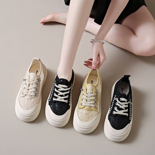 单网蕾丝板鞋女款2025新款夏季女鞋网面透气网鞋T厚底休闲小白鞋