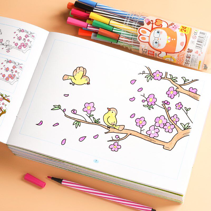儿童水彩笔画画本2-3-4-u5-6岁宝宝启蒙手绘画本幼儿园涂鸦填色书