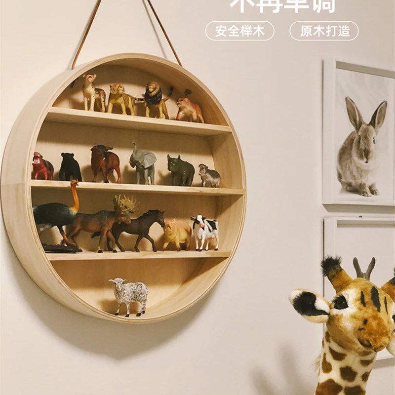 儿童房圆形壁挂式背景墙装饰木制储物架展示动R物饰品多层储物架
