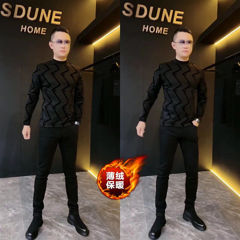 701秋季男士欧货圆领植绒满天星条纹小衫时尚T恤商W务内搭寸领长