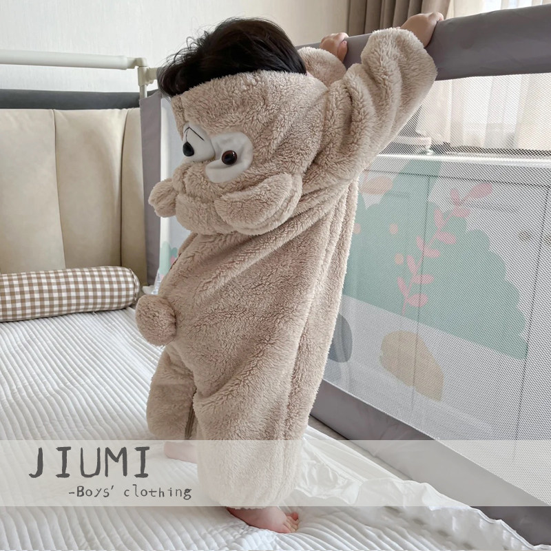 婴儿服冬装毛f毛连体衣男宝宝冬季夹棉外出服抱衣幼儿加绒加厚哈