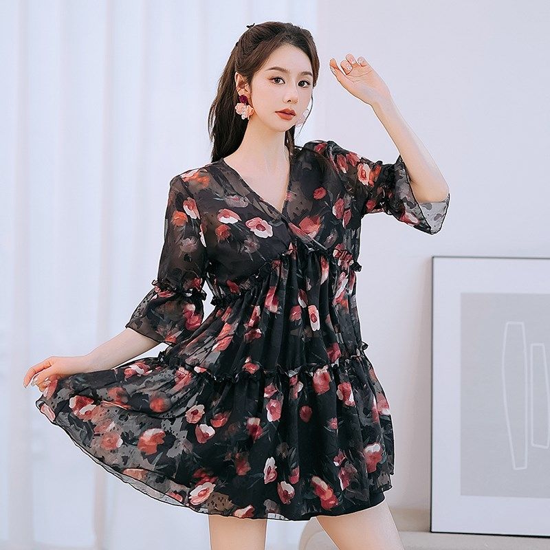 女士泳衣分体大码三件套显瘦w遮肚中年妈妈遮肉保守海边度假泡温