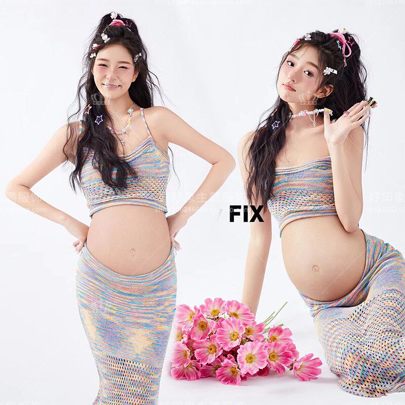 孕妇新款多巴胺主题服装影楼甜美色彩套装裙孕妈咪V个人艺术摄影