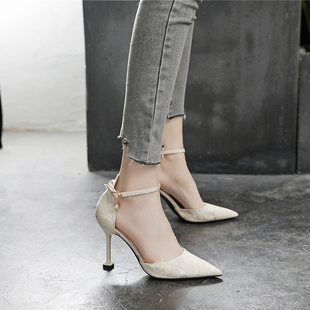 裸色高跟鞋夏季细跟一字带包头凉鞋女D尖头单鞋中跟大码女鞋41-43