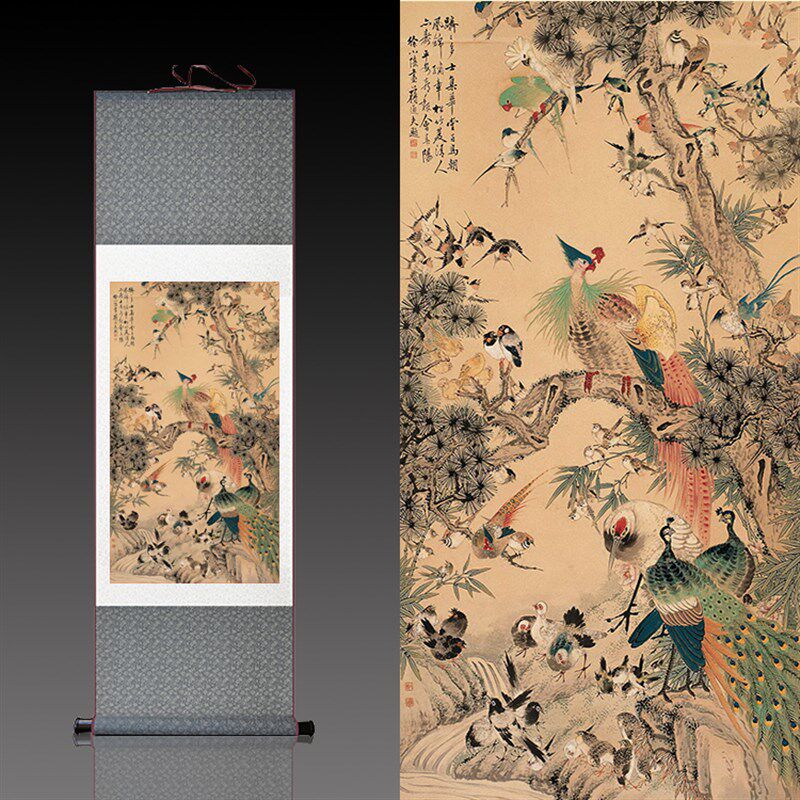 百鸟朝凤 花鸟画国画字画卷轴花鸟字画丝绸卷轴画酒店Z办公室挂画