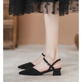 低跟包头一D字式 粗跟凉鞋 女2024年新款 扣带百搭仙女风尖头中跟女