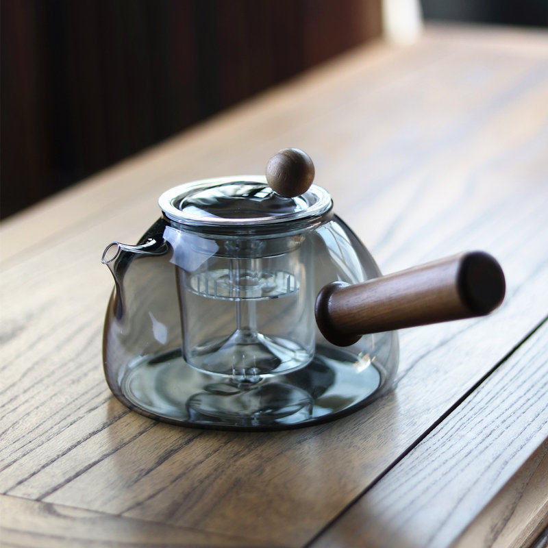 高颜值憨厚短嘴泡茶壶实木侧把蒸A煮两用壶电陶炉煮茶壶耐热玻璃