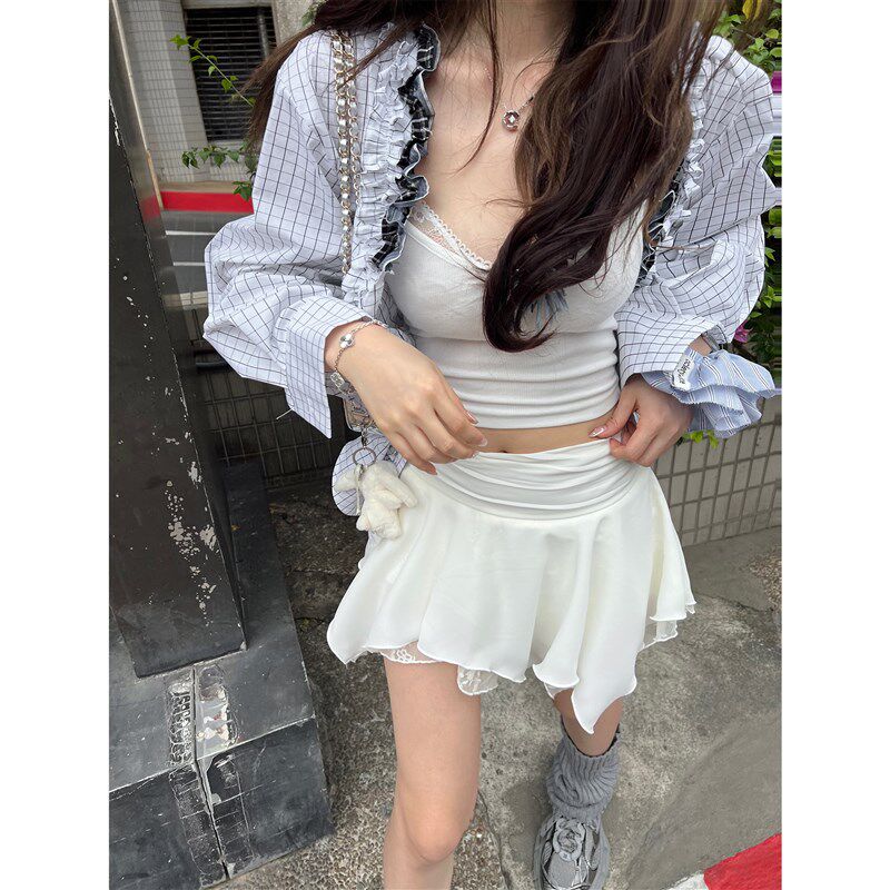 Xinlei Lin“小步圆舞”曲清透垂坠雪纺L蕾丝层次半裙女春季新款