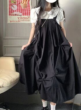 大码胖妹妹套装女春装新款宽松显瘦不G规则褶皱背带裙+泡泡袖衬衫