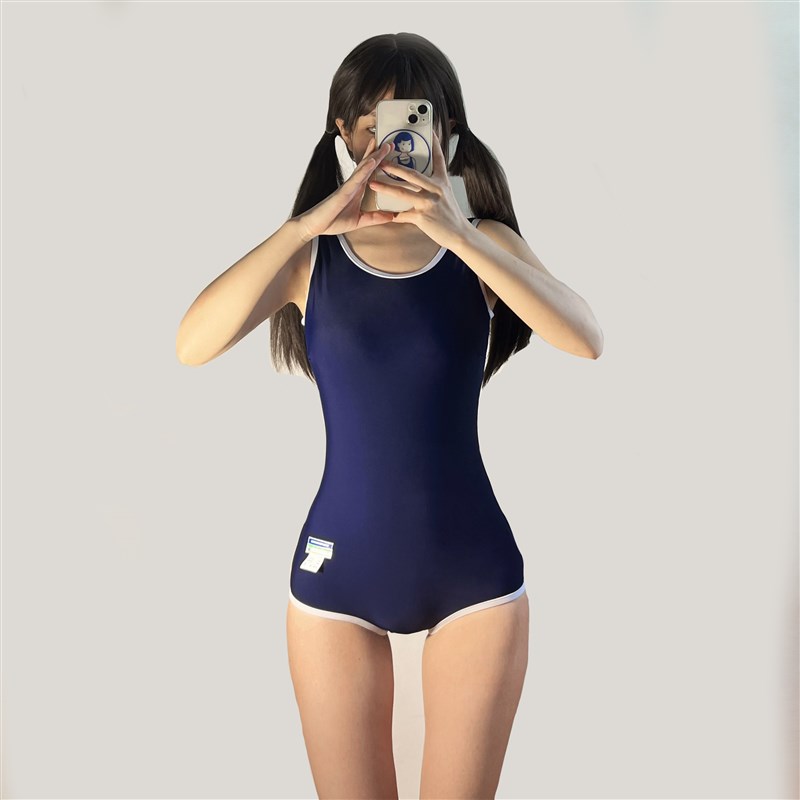 日系可爱少女甜美藏蓝色学生校y园保守游泳运动竞速紧身连体泳衣