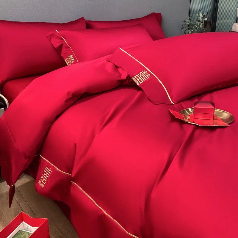 中式简约刺绣结婚四件套大红色新婚陪嫁I被套婚庆床上用品婚房备,床上用品,婚庆床品套件,淘宝优惠券,粉丝福利购,淘宝优惠卷