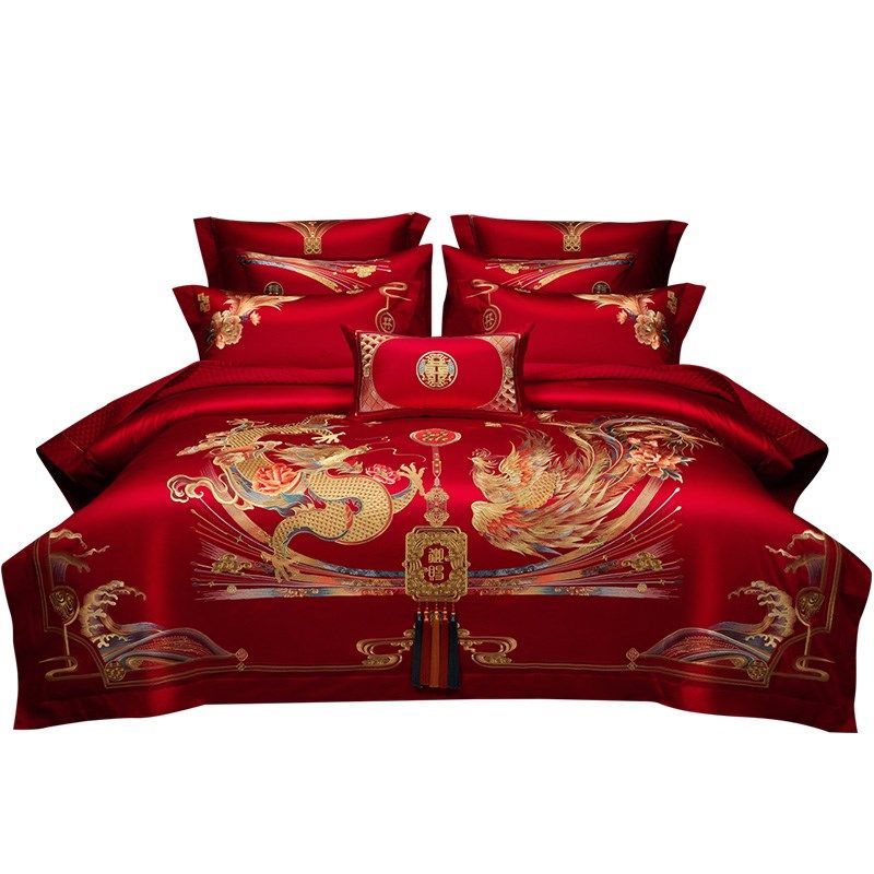 婚嫁结婚四件套新中式龙凤刺绣全E棉大红色喜被新婚庆床上用品,床上用品,婚庆床品套件,淘宝优惠券,粉丝福利购,淘宝优惠卷