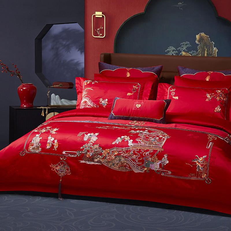 喜被四件套结婚大红色刺绣百子图F新中式婚庆床上用品十件套,床上用品,婚庆床品套件,淘宝优惠券,粉丝福利购,淘宝优惠卷
