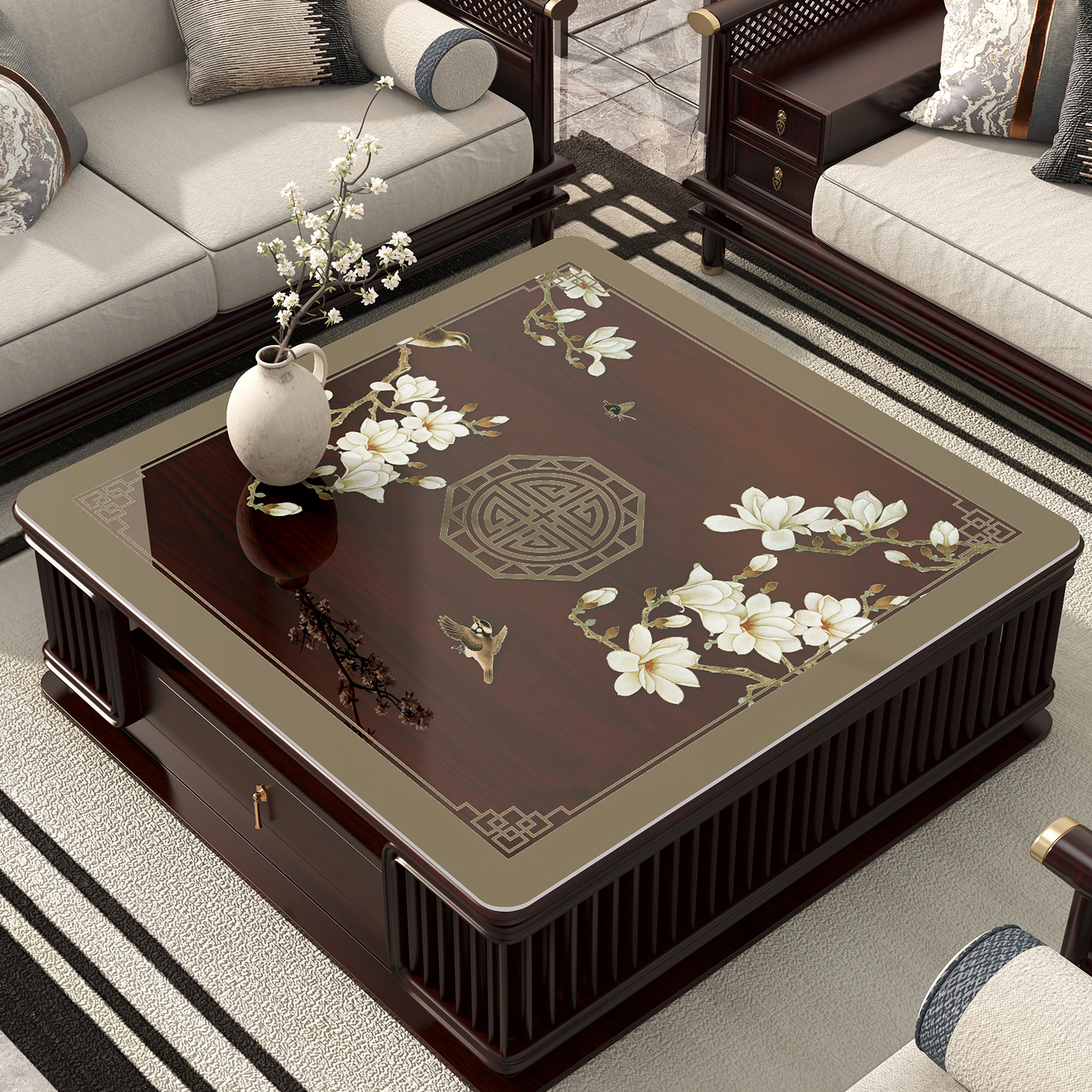 新中式pvc茶几垫免洗防水防油透明软玻璃四方餐桌垫正方形桌面垫