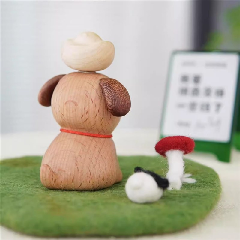 山舍|来财元j宝狗狗摆件实木可爱旋转车桌面载装饰礼物