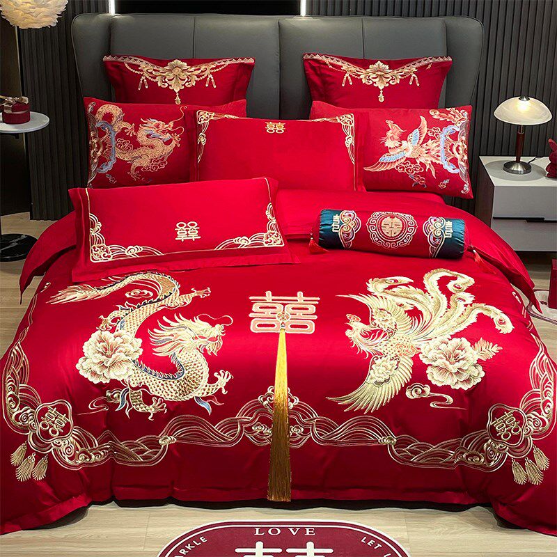 婚庆四件套大红龙k凤刺绣结婚被套新房嫁礼喜庆被罩床上用品六件,床上用品,婚庆床品套件,淘宝优惠券,粉丝福利购,淘宝优惠卷