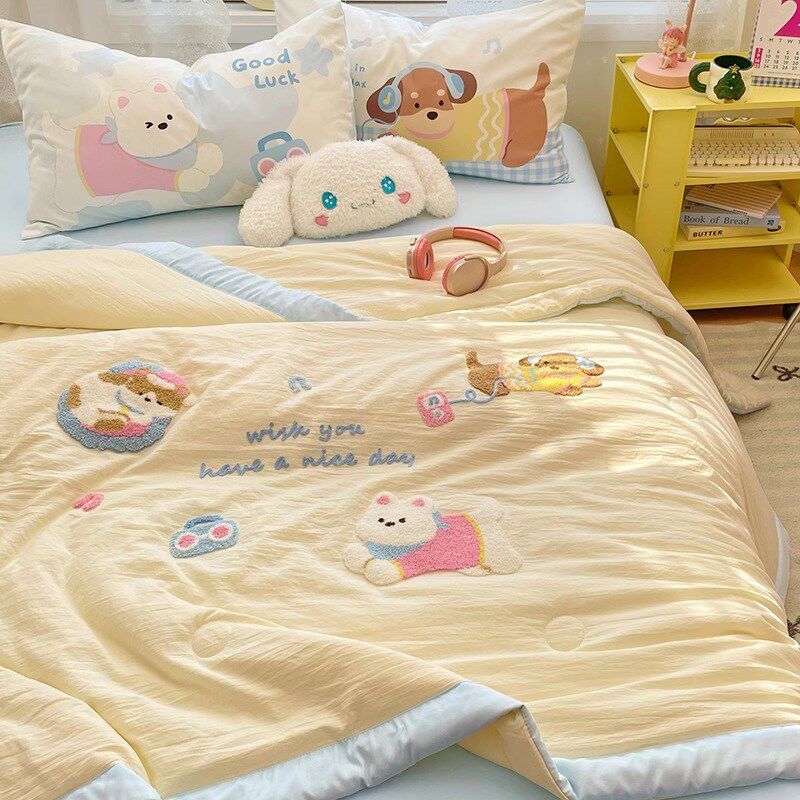 可爱毛巾绣夏凉k被四件套夏季空调薄被子单人夏被可机洗非全棉,床上用品,学生床品套件,淘宝优惠券,粉丝福利购,淘宝优惠卷