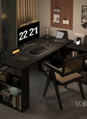 黑色电脑桌台式家用办公桌书桌书柜一体桌拐角转角工作台桌子MF11