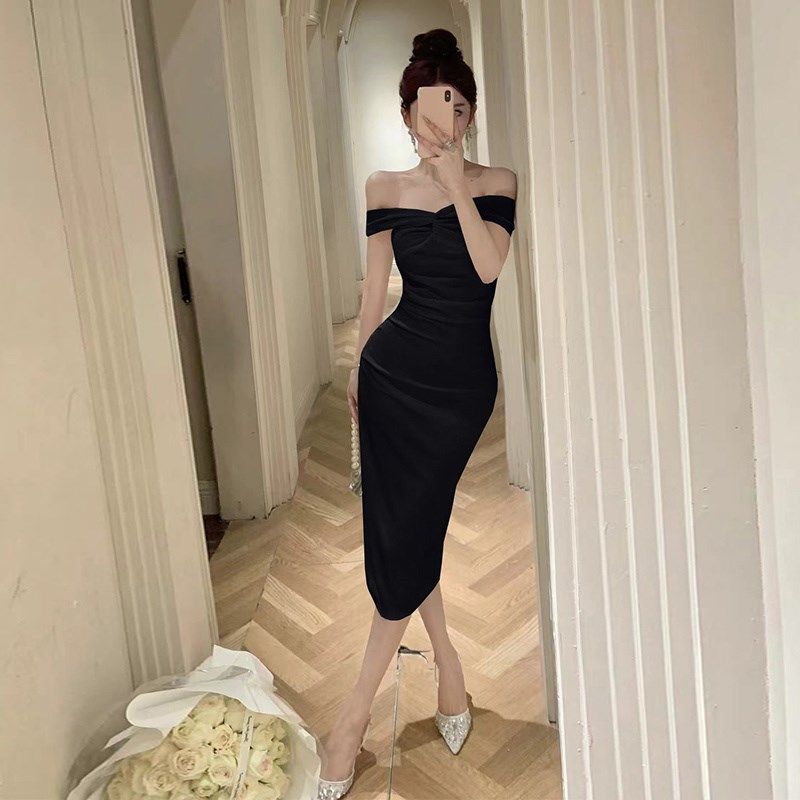 法式露肩礼服修身晚会宴会优雅气质中长款一字肩开叉中长款连衣裙,女装/女士精品,连衣裙,淘宝优惠券,粉丝福利购,淘宝优惠卷
