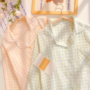 睡衣女款春秋季纯棉长袖长裤套装简约格子开衫宽松泡泡棉纱家居服