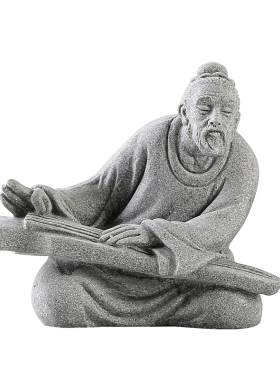 新中式复古人物姜太公钓鱼创意青砂石抚琴鱼缸造景装饰品桌面摆件