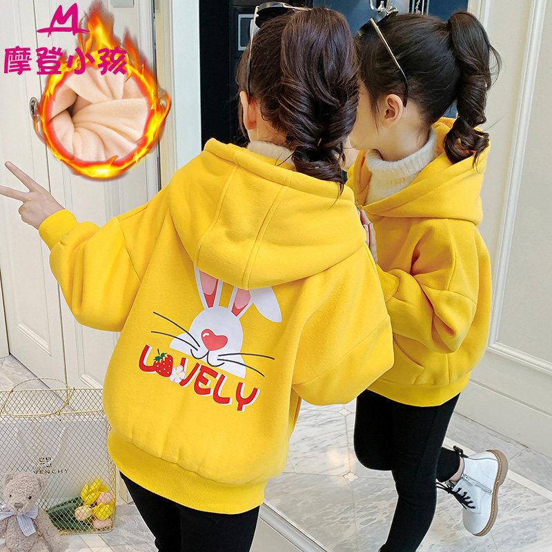 女童外套2021新款秋冬加绒加厚卫衣小童洋气中大童开衫中长款上衣
