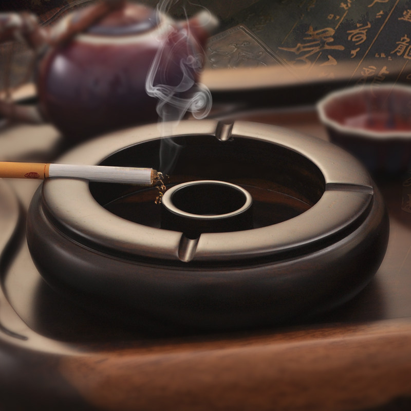 天然实木烟灰缸黑檀木烟灰缸家用中式复古创意客厅能烟缸茶道配件