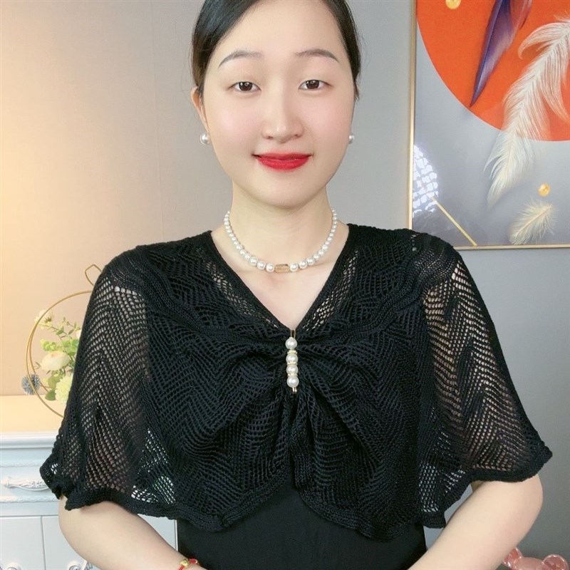 (带胸针)春夏季空调针织镂空披肩外搭可穿时尚袖套薄款护颈显瘦