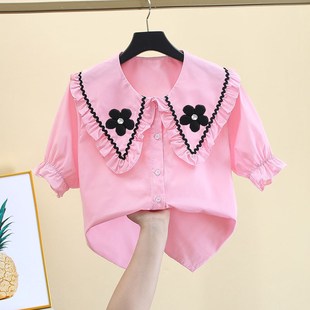 学生宽松小清新洋气法式 白色短袖 新款 女娃娃领上衣夏季 小众 衬衫